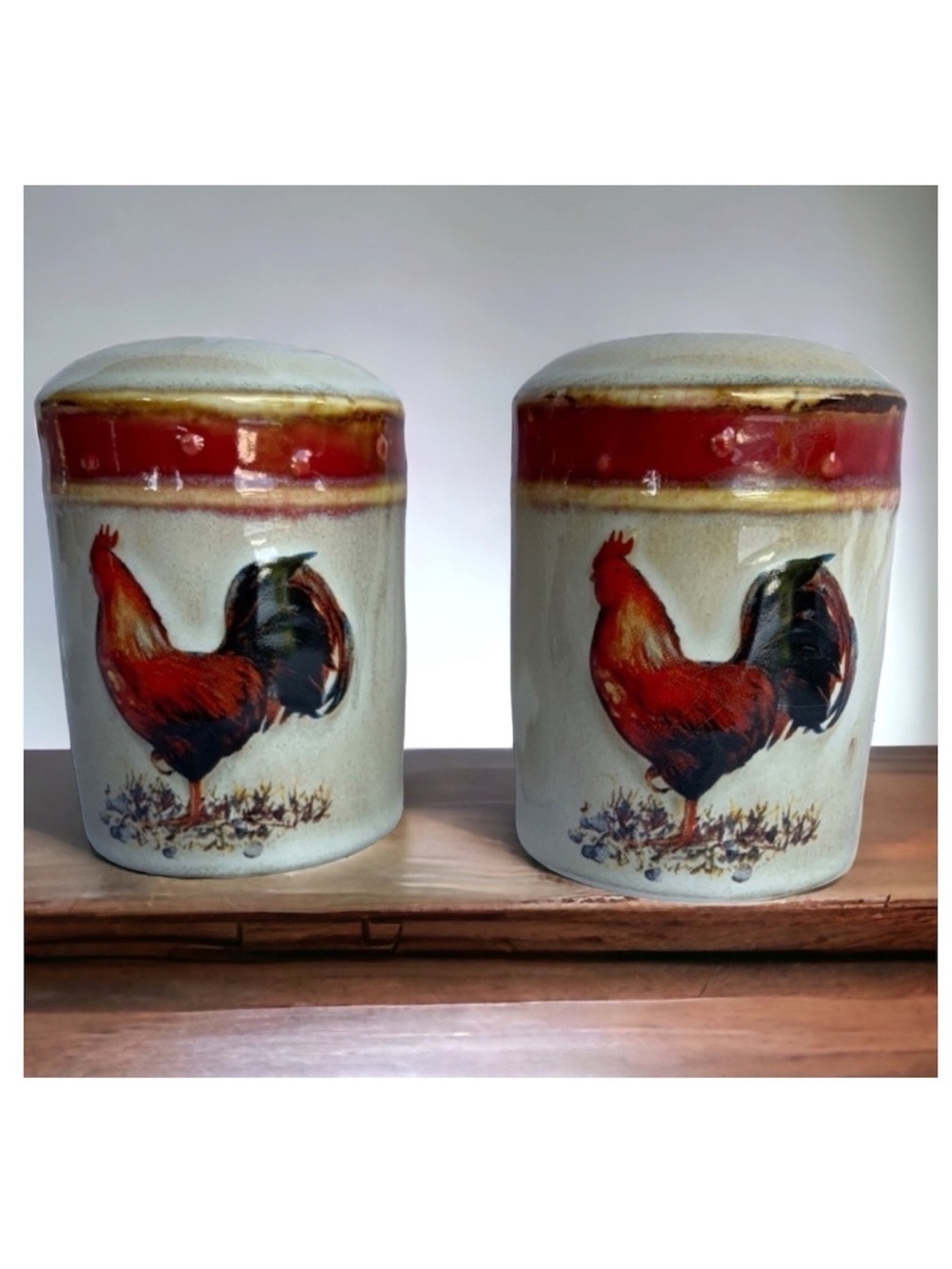 Farmhouse Rooster Salt Pepper Ceramic Shaker Set Hand Painted